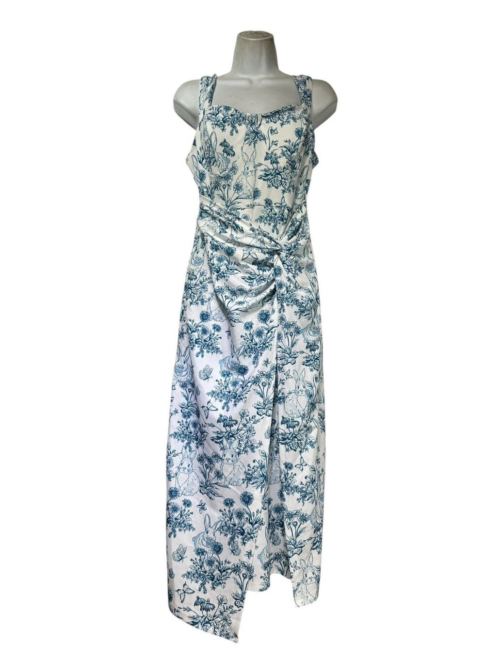 SHEIN MOD Women’s Size 6 Blue White Bunny Floral Toile Print Ruched Midi Dress
